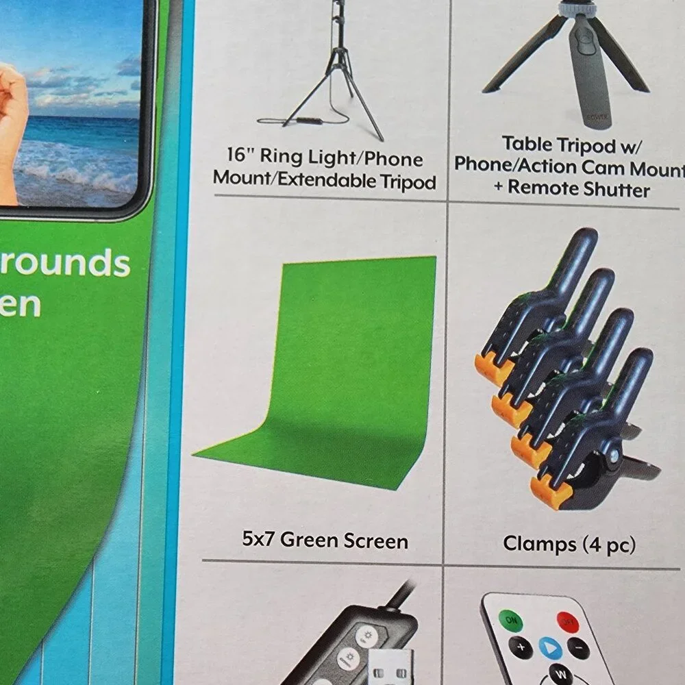 Set of items Bower Content Creator Table Tripod, 5 x 7 Green Screen, & 4 clamps